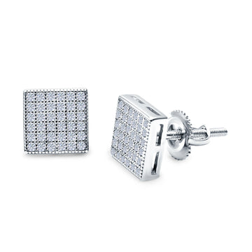 Square Stud Earrings Pave Simulated CZ Screw-Back 925 Sterling Silver